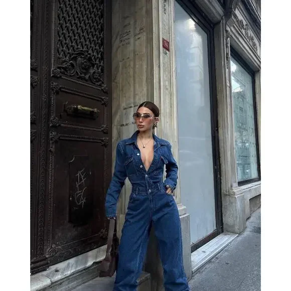 Women Denim Jumpsuit Premium Jean One Piece Outfit Casual Chic Overalls Romper - Picture 6 of 9